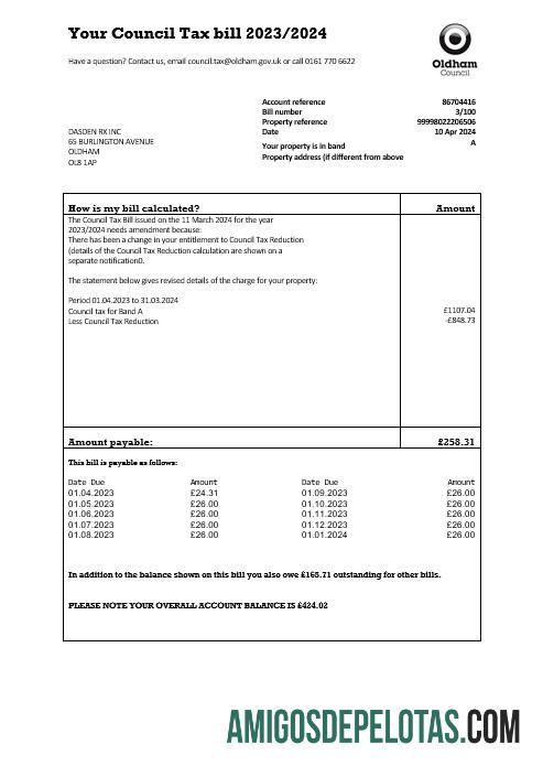 Em branco modelo de conta de serviços públicos comerciais do imposto municipal Oldham do Reino Unido em formatos Word e PDF